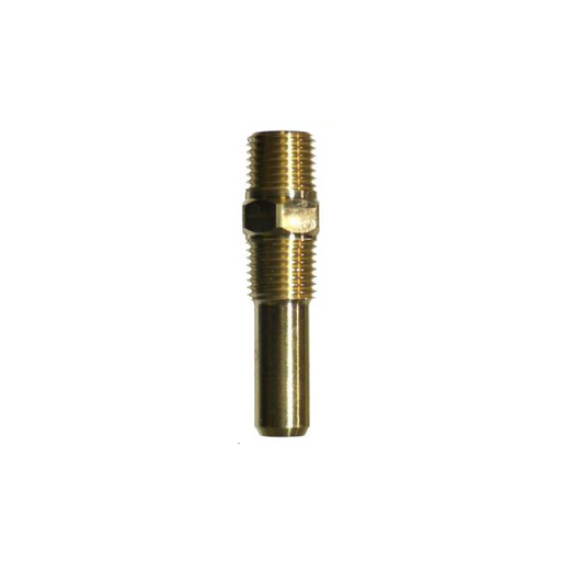 Hose fitting with 1/8" male National Pipe Thread (NPT) on one end and a 1/4" barb on the other, made of brass in the USA