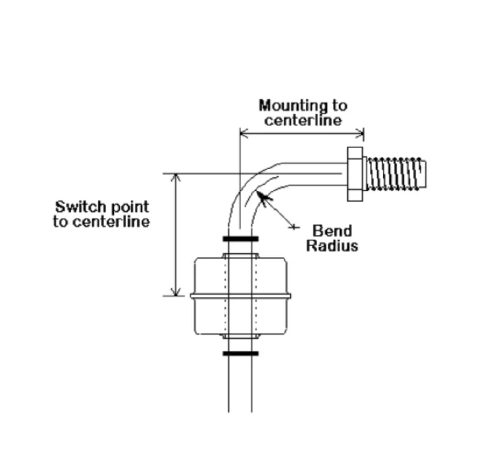 Technical drawing of a side-mounted ACT Sensors float switch showing switch point and mounting dimensions for liquid level measurement in the USA