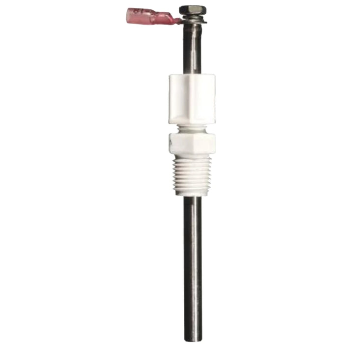 Compact stainless steel rod-style level sensor with white threaded plastic fitting and top-mounted electrical connection for fluid monitoring in confined or small-scale industrial systems.