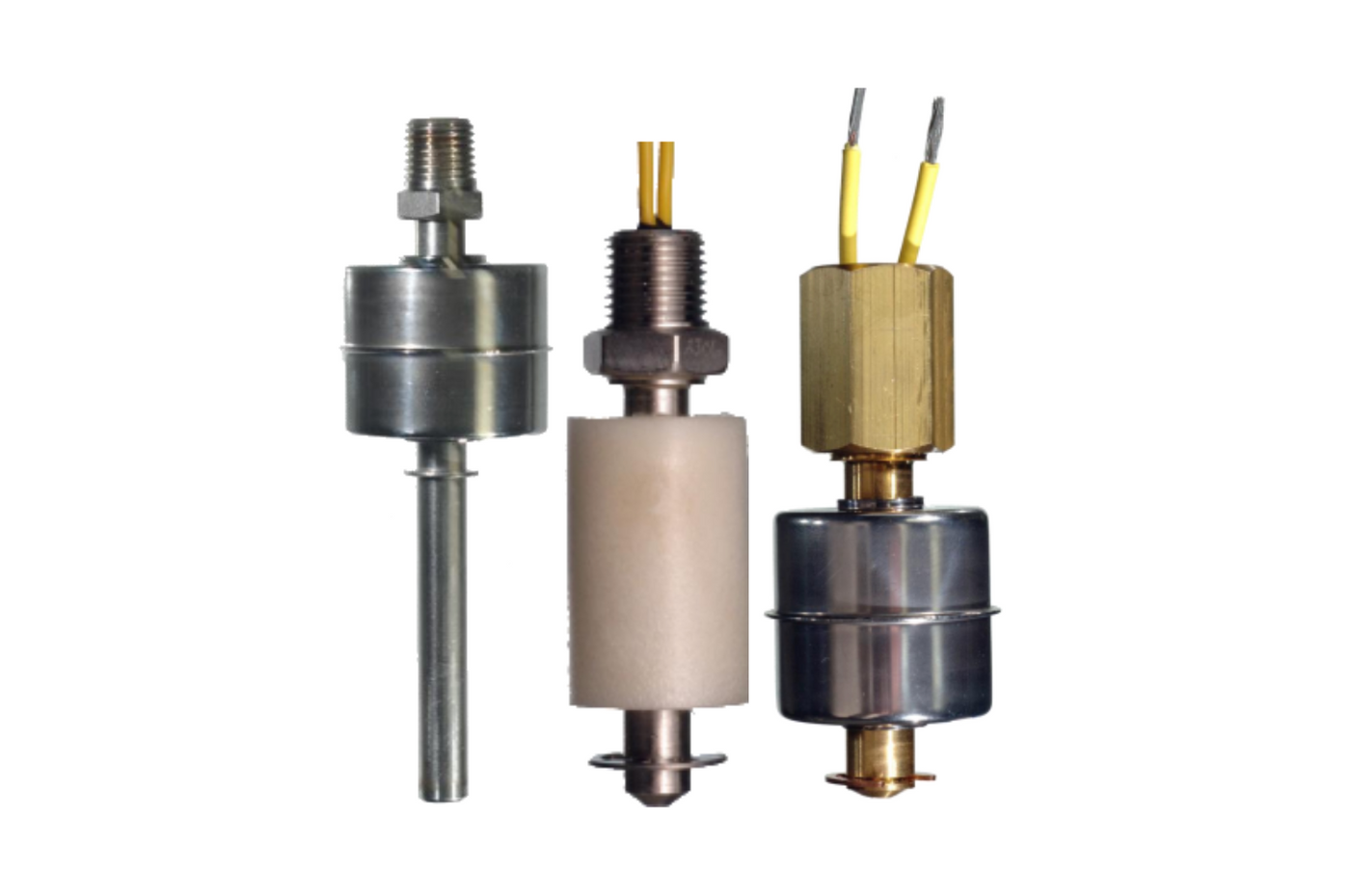 Collection of three ACT Sensors' precision float switches, including stainless steel float switch and models with different cord grips for versatile installation. These robust liquid level sensors are essential for reliable water level indication, accurate liquid level control, and critical applications like sump pump float switches, bilge pump float switches, and general tank level monitoring.
