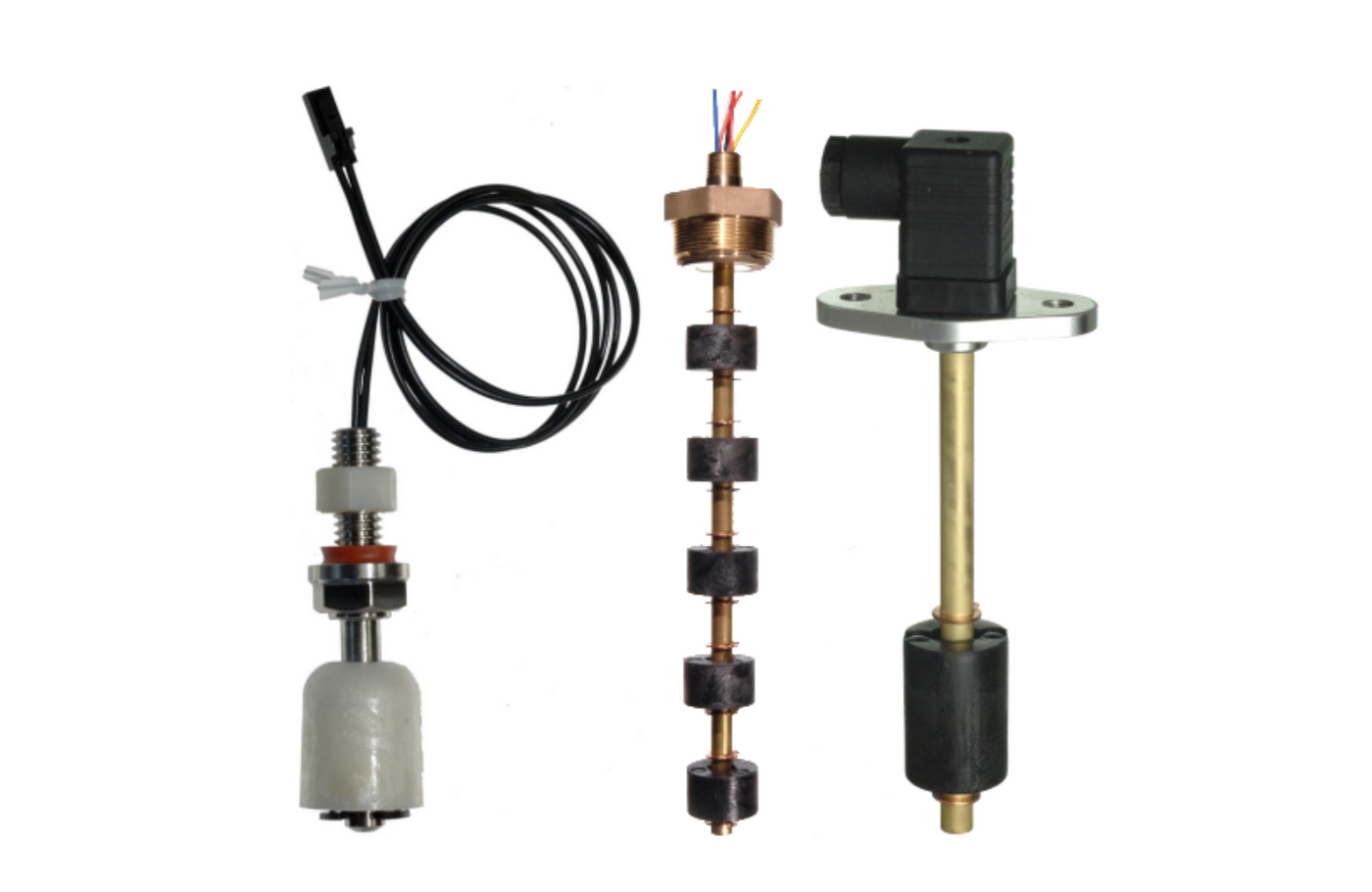 A trio of ACT Sensors' high-quality liquid level sensors, including a vertical float switch, a multi-point magnetic level sensor, and a general float switch with electrical connector. These diverse level sensor devices provide reliable liquid level control and water level indication for a wide range of industrial and commercial applications, from sump pump switch systems to complex tank level monitoring.
